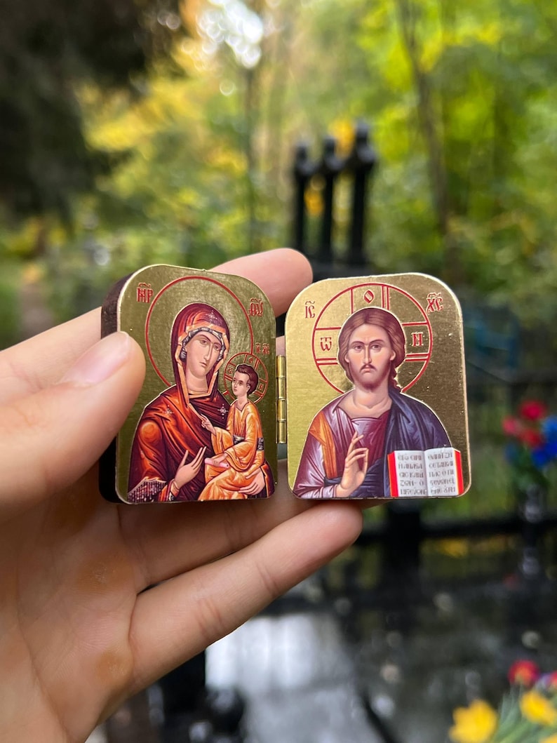 Pocket Icon Diptych 1.6x2" – Wooden Folding Travel Icon, Two Designs: Theotokos & Christ, Mini Orthodox Icon Triptych image 1