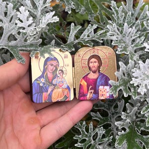 Pocket Icon Diptych 1.6x2" – Wooden Folding Travel Icon, Two Designs: Theotokos & Christ, Mini Orthodox Icon Triptych image 7