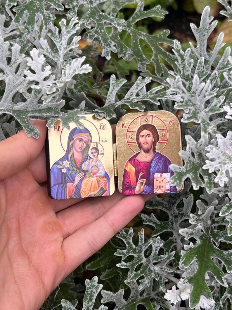 Pocket Icon Diptych 1.6x2" – Wooden Folding Travel Icon, Two Designs: Theotokos & Christ, Mini Orthodox Icon Triptych image 7