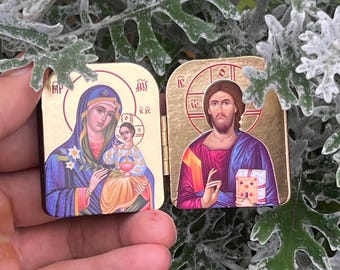 Religious Gift Wooden Diptych, Orthodox Icons Jesus Christ & Theotokos, Miniature Travel Icon.