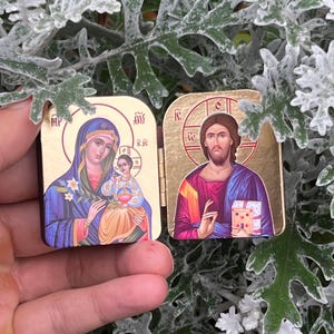 Pocket Icon Diptych 1.6x2" – Wooden Folding Travel Icon, Two Designs: Theotokos & Christ, Mini Orthodox Icon Triptych image 4