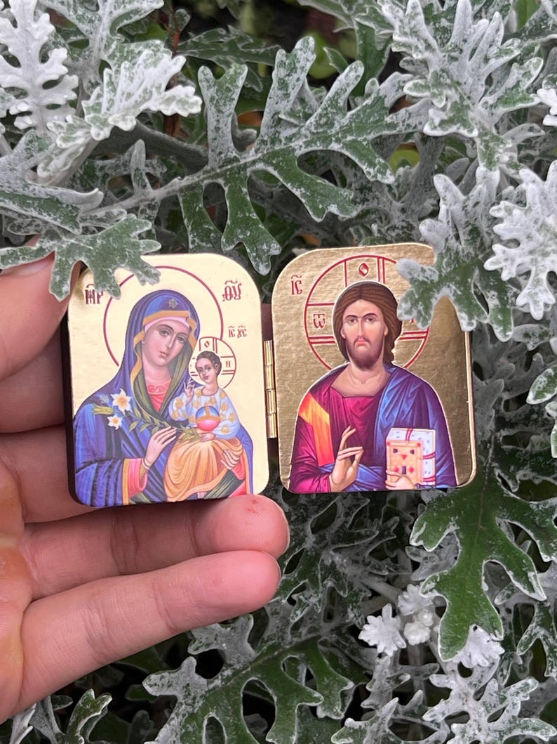 Pocket Icon Diptych 1.6x2" – Wooden Folding Travel Icon, Two Designs: Theotokos & Christ, Mini Orthodox Icon Triptych image 4