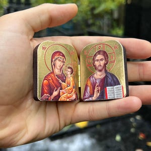 Pocket Icon Diptych 1.6x2" – Wooden Folding Travel Icon, Two Designs: Theotokos & Christ, Mini Orthodox Icon Triptych image 3