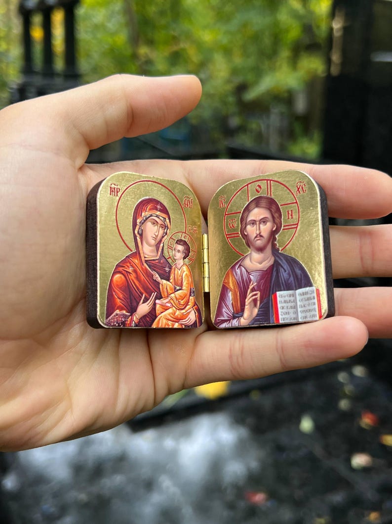 Pocket Icon Diptych 1.6x2" – Wooden Folding Travel Icon, Two Designs: Theotokos & Christ, Mini Orthodox Icon Triptych image 3