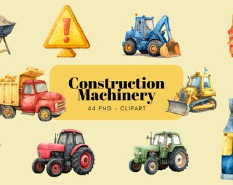 Watercolor Construction Machinery Clipart, Trucks, Dump Truck, Tools, Vest