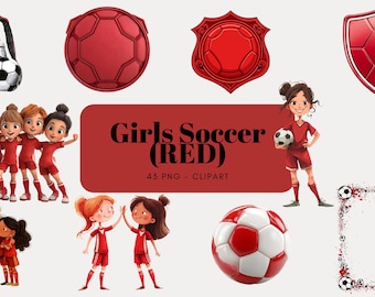 Girls Soccer Clipart PNG | Watercolor Red Uniform Graphics (Digital Download)