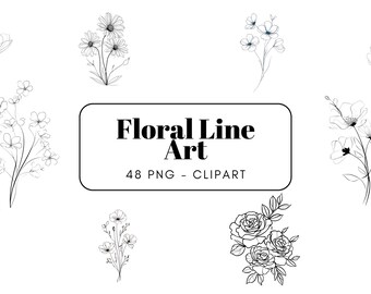 Watercolor Floral Line Art Clipart, Roses, Tulips, Daisy, Dandelions, Flower Arrangement