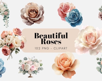 Watercolor Roses Clipart, Blush Pink, Blue, White Flowers (Digital Download)