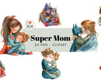 Akvarell supermamma clipart, superhjältemammor (digital nedladdning)