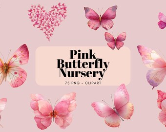 Watercolor Pink Butterfly Nursery Clipart, Butterflies, Flutter, Wings, Decor