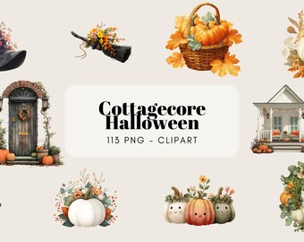 Watercolor Cottagecore Halloween Clipart – Cozy Witch Cottage, Pumpkins & Autumn Elements, Cute Fall Illustrations PNG
