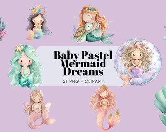 Watercolor Baby Pastel Mermaid Dreams Clipart, Nursery Decor, Children's Clipart, Mermaids, Shell, Underwater Castle