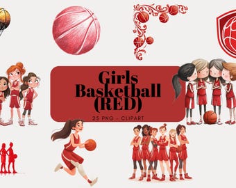 Watercolor Girls Basketball Clipart | Red Uniform Graphics (PNG Digital Download)