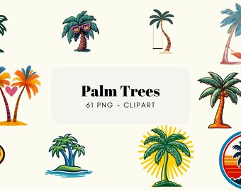 Watercolor Palm Tree Clipart PNG Bundle – Tropical Palm Illustration Set, Flat Vector Beach Tree Graphics, Commercial Use Digital Download