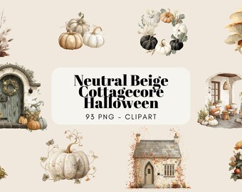 Watercolor Neutral Beige Cottagecore Halloween Clipart – Cozy Witch Cottage, Muted Pumpkins & Soft Autumn Elements PNG