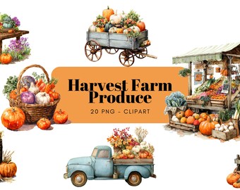Clipart di prodotti agricoli raccolti ad acquerello, frutta, verdura, fiori, mercato degli agricoltori, mercato