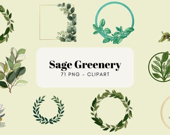 Watercolor Sage Greenery Clipart Bundle | Minimalist Eucalyptus Banners, Logos & Frames | Wedding Green Botanical Graphics