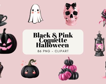 Watercolor Black & Pink Coquette Halloween Clipart – Edgy Cute Pumpkins, Goth Bows and Witchy Aesthetic PNG