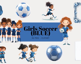 Girls Soccer Clipart PNG | Blue Uniform Sports Graphics (Digital Download)