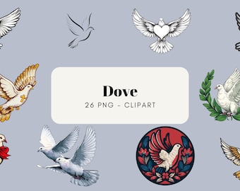 Watercolor Dove Clipart PNG Bundle – White Dove Illustration Set, Flat Vector Peace Bird Graphics, Commercial Use Digital Download