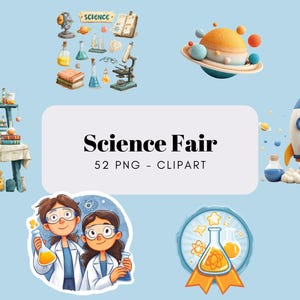 Op de afbeelding: Een verzameling wetenschap-thema clipart elementen op een lichtblauwe achtergrond. De afbeelding bevat illustraties van bekers, een raket, een robot, een planeet en de tekst "Science Fair". De clipart is geschikt voor educatieve projecten.