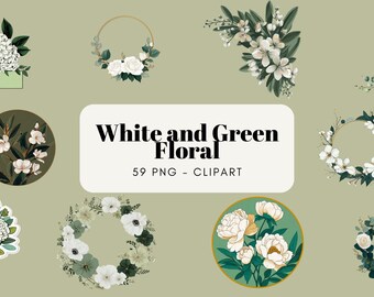 Watercolor White & Green Floral Clipart Bundle | Sage and Eucalyptus Banners, Logos and Corner Designs | Wedding Greenery Flowers
