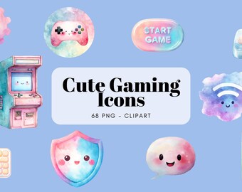 Watercolor Cute Gaming Icons Clipart, Game, Gamers, Arcade, Online Gaming, Settings, Start