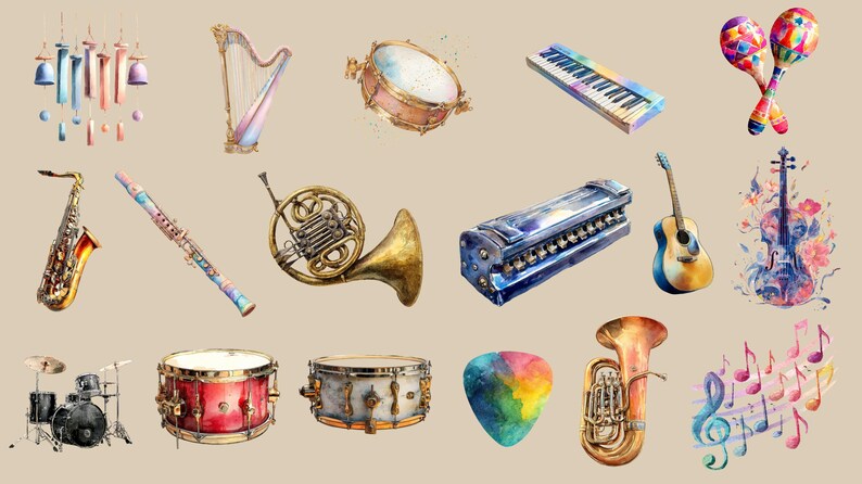 Watercolor Musical Instruments Clipart, Piano, Electric Guitar, Violin ...