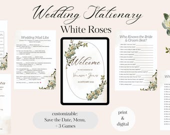 Wedding Stationary, Menu, Games, Customizable, Floral, Digital and Print, White Roses Theme
