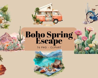 Watercolor Boho Spring Escape Clipart, Desert, Van, Road Trip, Travel