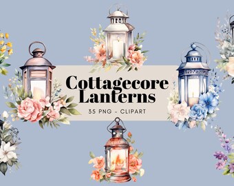 Watercolor Cottagecore Lanterns Clipart, Decor, Light, Floral, Vintage