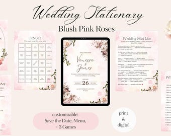 Wedding Stationary, Menu, Games, Customizable, Floral, Digital and Print, Blush Pink Theme