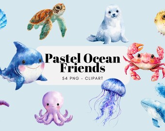 Watercolor Pastel Ocean Friends Clipart, Nursery Decor, Children's Clipart, Sea Turtle, Shark, Friendly, Shells, Fish, Stingray