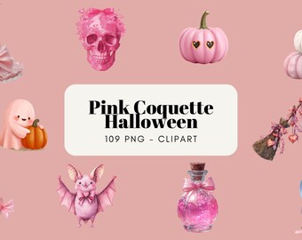 Watercolor Pink Coquette Halloween Clipart – Cute Pastel Pumpkins, Bows & Witchy Aesthetic PNG for Stickers and Apparel
