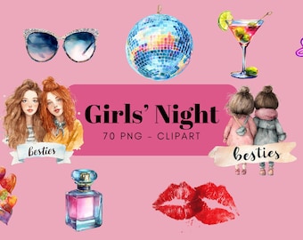 Watercolor Girls’ Night Clipart, Karaoke, Makeup, Besties, Good Vibes Only, Slay
