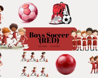 Watercolor Boys Soccer Clipart | Red Uniform Graphics (Digital Download)