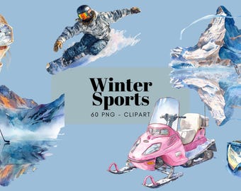 Watercolor Winter Sports Clipart, Ice Skating, Hockey, Snowboarding, Snowboard, Skiing, Skii, Winter gear