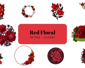Watercolor Red Floral Clipart Bundle | Valentine, Wedding, Branding, Sublimation Art