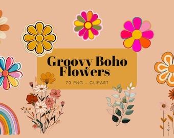 May include: A collection of colorful, retro-style flower and plant clip art. The image includes a rainbow, floral bouquets, and the text "Groovy Boho Flowers 70 PNG - CLIPART" on a peach background.