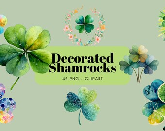 Watercolor Decorated Shamrocks Clipart, Clovers, Luck, Lucky, Cute