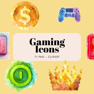 May include: Watercolor gaming icons on a yellow background. Includes a red target, a gold coin with a dollar sign, a blue game controller, pink flowers, a "Start Game" button, the text "Gaming Icons", a "Game Over" sign, a trophy, a green button, and two gold crowns.
