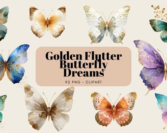 Watercolor Golden Flutter Butterfly Dreams Clipart, Butterflies, Flutter, Wings