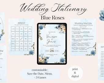 Wedding Stationary, Menu, Games, Customizable, Floral, Digital and Print, Blue Theme