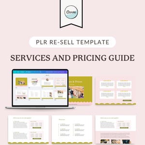 May include: A digital marketing template titled "Services and Pricing Guide" with a pink and green color scheme. The template is displayed on a laptop and tablet, showcasing editable features in Canva. The text "the-pinkink.com" is also visible.