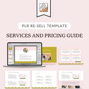 May include: A digital marketing template titled "Services and Pricing Guide" with a pink and green color scheme. The image shows a laptop and tablet displaying the template, along with text that says "Editable template in Affinity Publisher". The template is available for instant download.