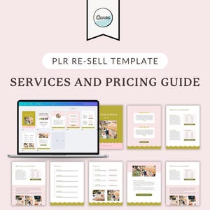 May include: A digital marketing template titled "Services and Pricing Guide" with a Canva logo. The design features a laptop and tablet displaying the template, along with several sample pages. Text includes "Editable template in Canva" and "Visit: the-pinkink.com to shop."