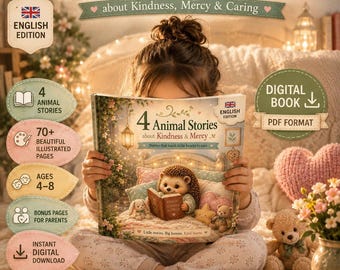 May include: A digital book titled 4 Animal Stories about Kindness & Mercy featuring an illustration of a hedgehog reading a book in bed. The cover includes text about 4 heartwarming animal stories, 70+ illustrated pages, and ages 4-8. It is a PDF format.