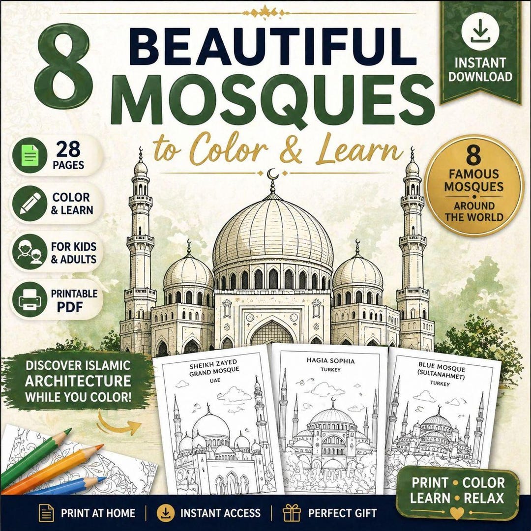 Mosque Colorful Printable Mosques Coloring Book PDF | 8 Beautiful Islamic Mosques | Muslim ...