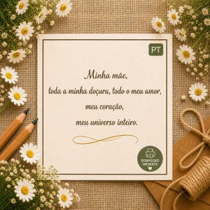 Op de afbeelding: Een beige kaart met de tekst "Minha mãe, toda a minha doçura, todo o meu amor, meu coração, meu universo inteiro." omringd door witte madeliefjes en potloden. Een groene cirkel met de tekst "DOWNLOAD IMEDIATO" staat onderaan.
