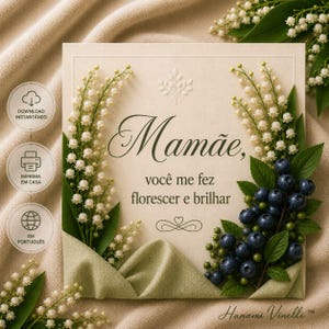 Op de afbeelding: Een vierkante wenskaart met de Portugese tekst "Mamãe, você me fez florescer e brilhar" in elegant schrift. De kaart is versierd met lelietjes-van-dalen en bosbessen, met een groene lintaccent. De kaart heeft ook de tekst "DOWNLOAD INSTANTÂNEO", "IMPRIMA EM CASA", en "EM PORTUGUÊS".